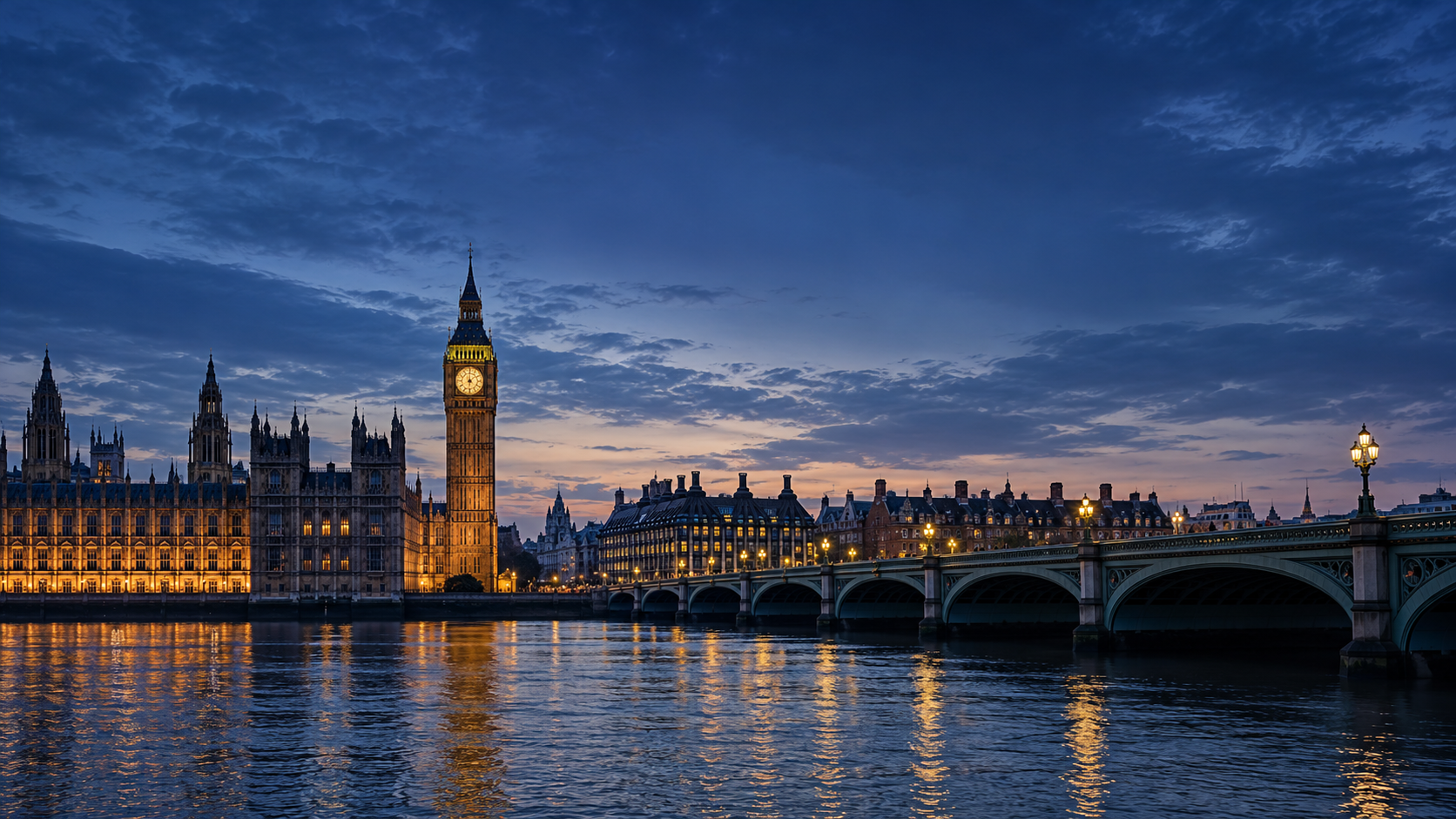 Westminster and the Thames at blue hour